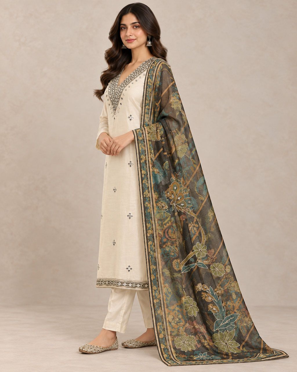 Ivory Tissue Silk Unstitched Suit Set for Women