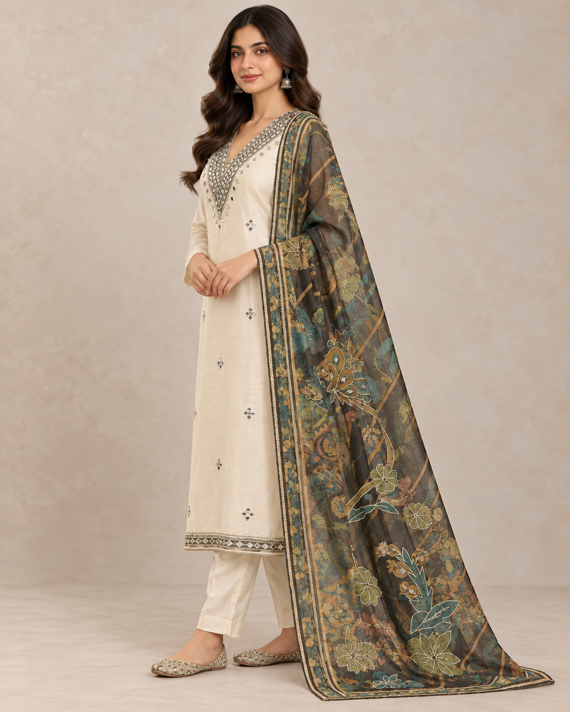 Ivory Tissue Silk Unstitched Suit Set for Women