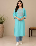 Sky Blue Printed Cotton Blend Kurti for Women