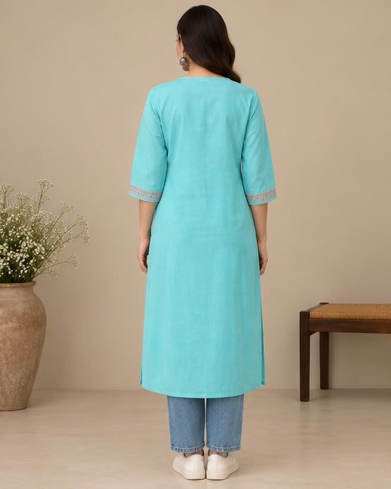 Sky Blue Printed Cotton Blend Kurti for Women