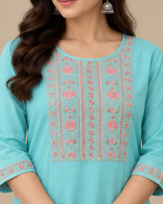 Sky Blue Printed Cotton Blend Kurti for Women