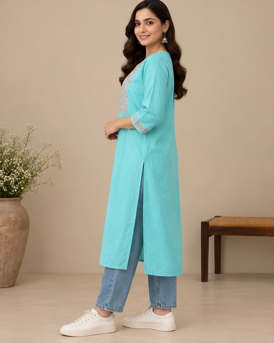 Sky Blue Printed Cotton Blend Kurti for Women