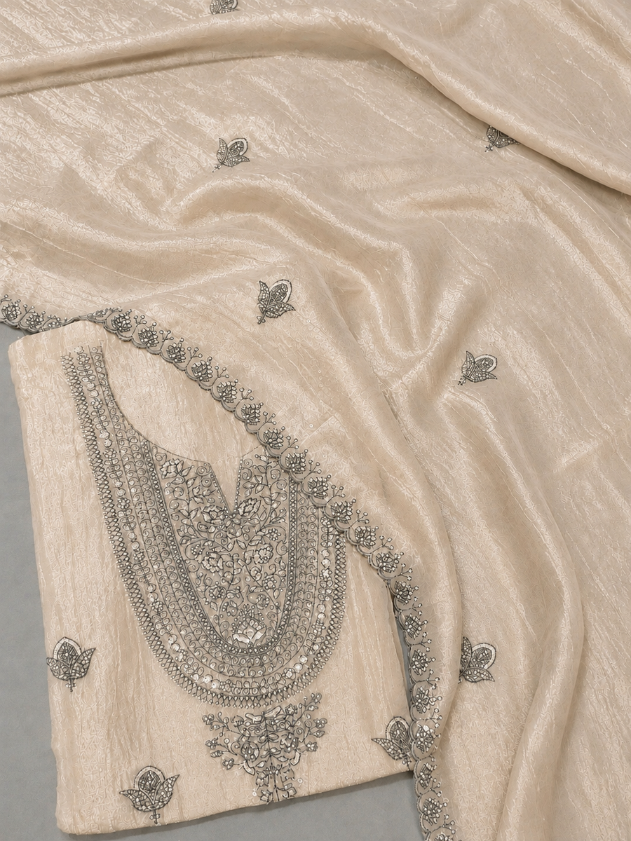 Soft Taupe Chanderi Silk Embroidered Unstitched Suit Material