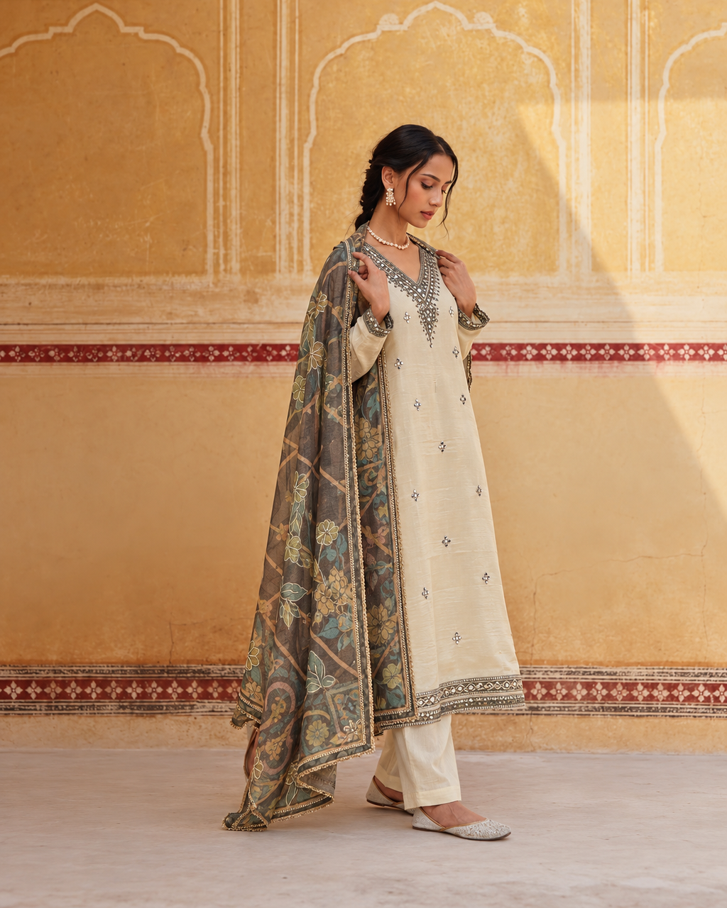 Ivory Tissue Silk Unstitched Suit Set for Women