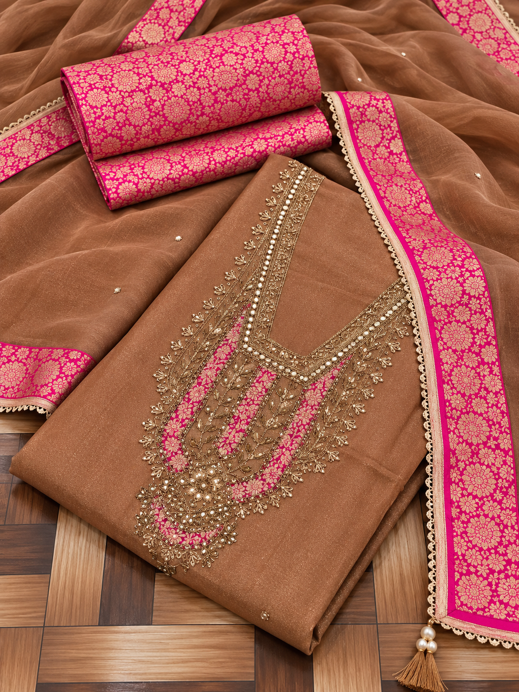 Copper Gold Tissue Silk Unstitched Suit Material with Pink Brocade Dupatta