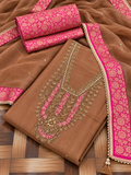 Copper Gold Tissue Silk Unstitched Suit Material with Pink Brocade Dupatta
