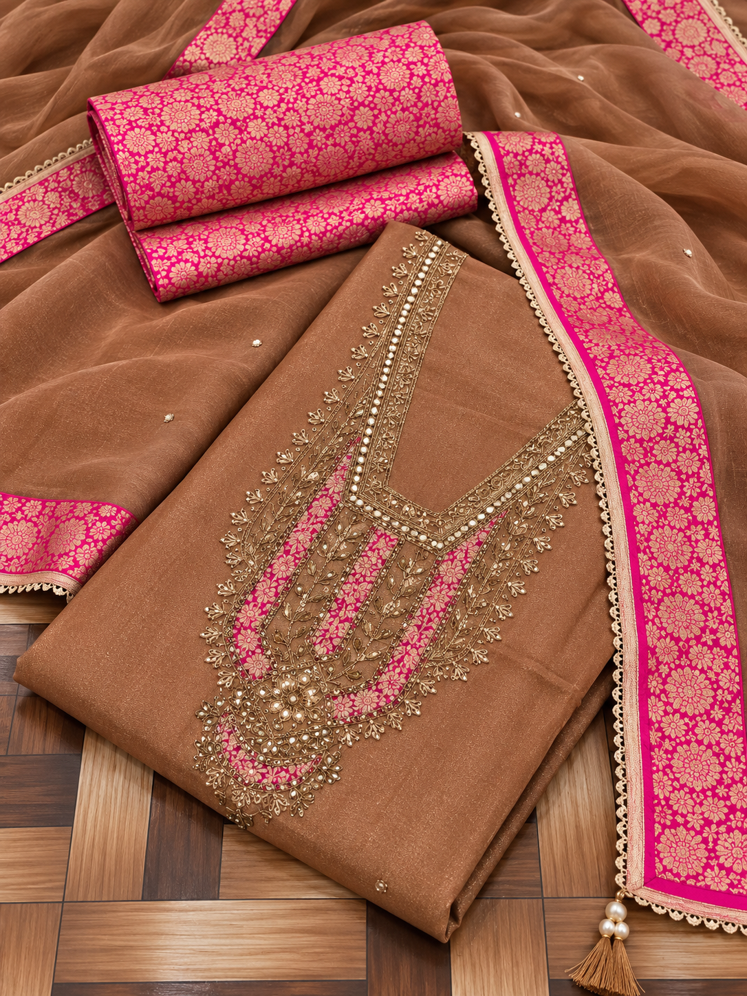 Copper Gold Tissue Silk Unstitched Suit Material with Pink Brocade Dupatta