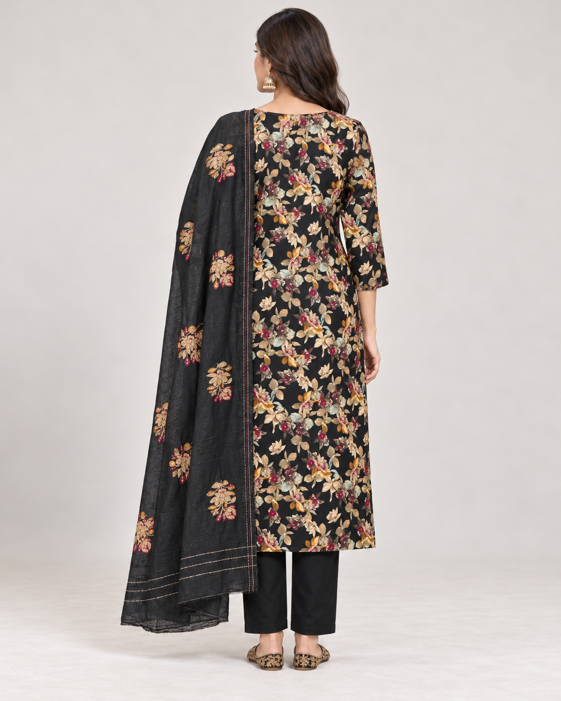 Black Floral Cotton Blend Unstitched Suit Set for Women