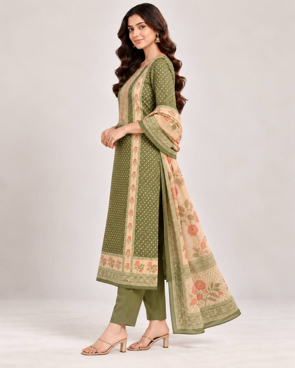 Olive Green Chanderi Silk Unstitched Dress Material with Floral Printed Dupatta