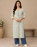 Green Printed Cotton Blend Kurta for Women