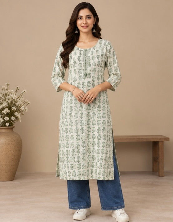 Green Printed Cotton Blend Kurta for Women