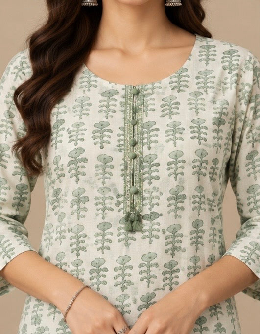 Green Printed Cotton Blend Kurta for Women