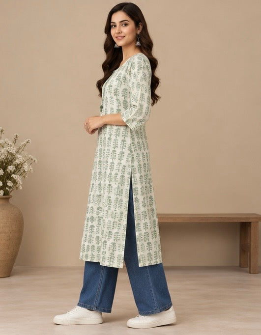 Green Printed Cotton Blend Kurta for Women