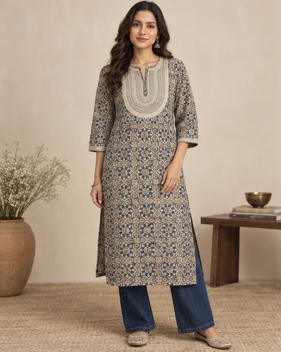 Off White Printed Silk Blend Kurta for Women