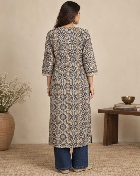 Off White Printed Silk Blend Kurta for Women