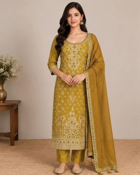 Mustard Embroidered Silk Blend SKD Set