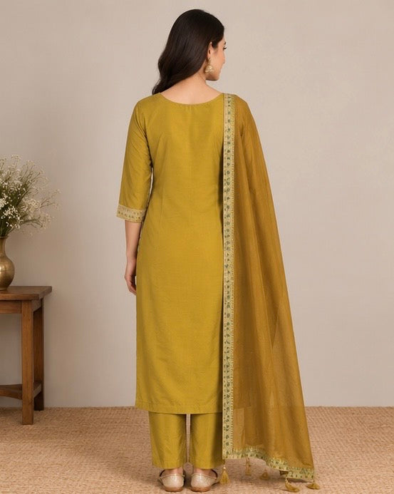 Mustard Embroidered Silk Blend SKD Set