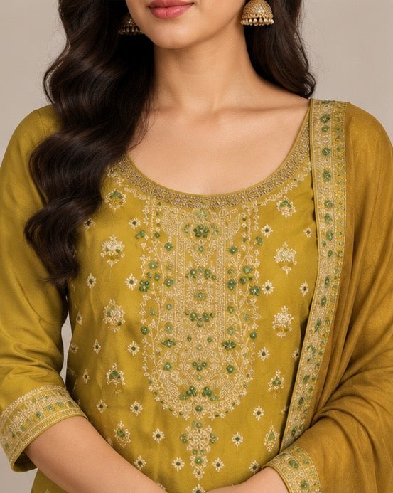 Mustard Embroidered Silk Blend SKD Set