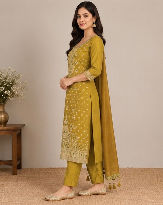 Mustard Embroidered Silk Blend SKD Set