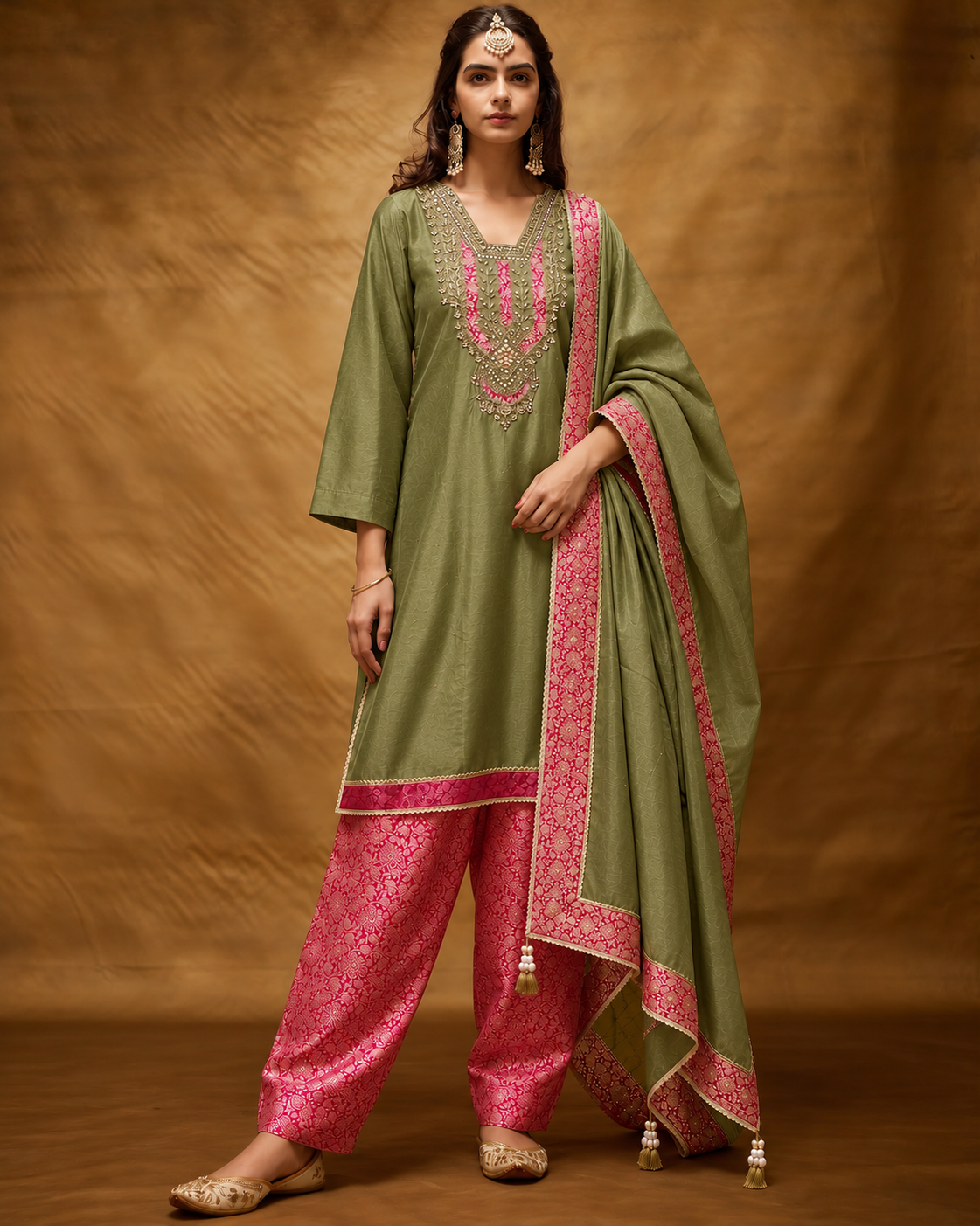 Moss Green Tissue Silk Unstitched Suit Material with Pink Brocade Detailing