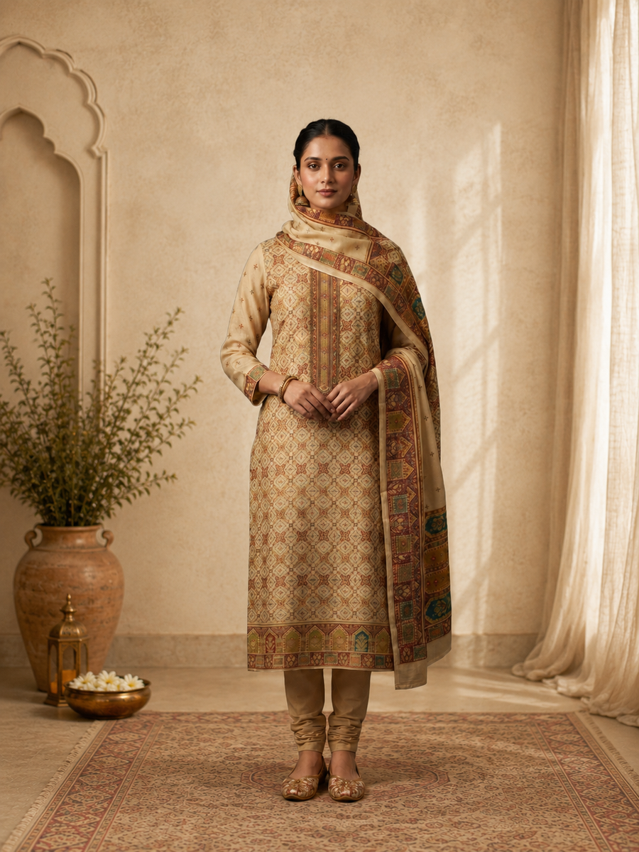 Cream Jacquard Style Unstitched Suit Set