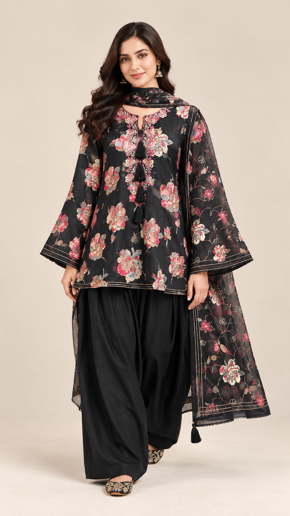 Black Floral Cotton Blend Unstitched Suit Set for Women