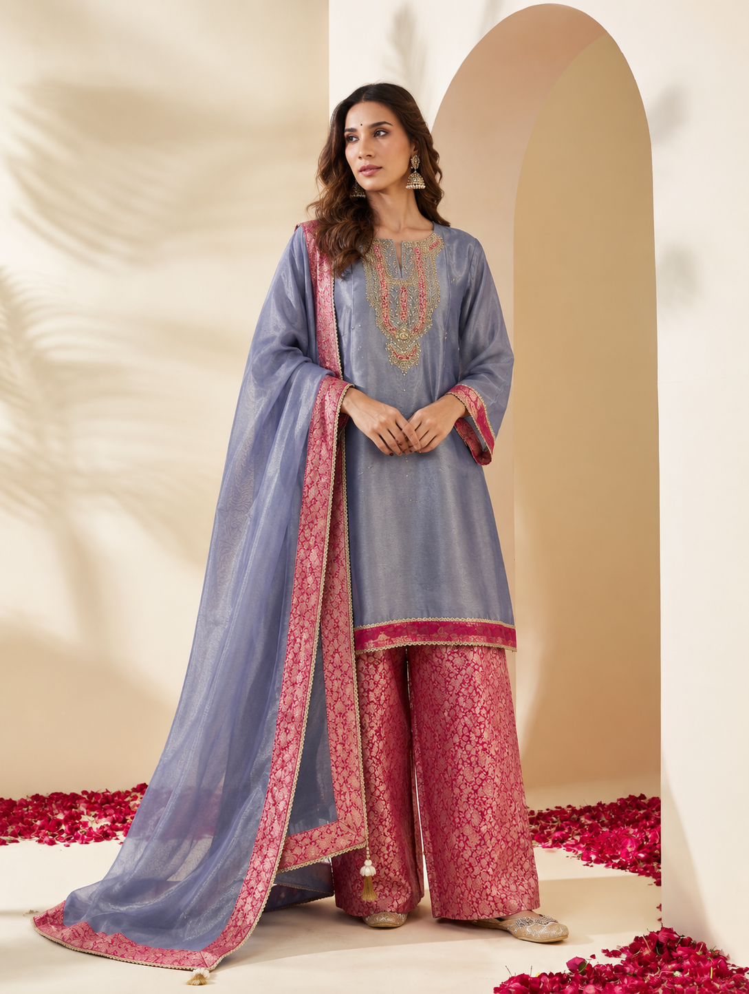 Indigo Blue Tissue Silk Unstitched Suit Material with Pink Brocade Detailing