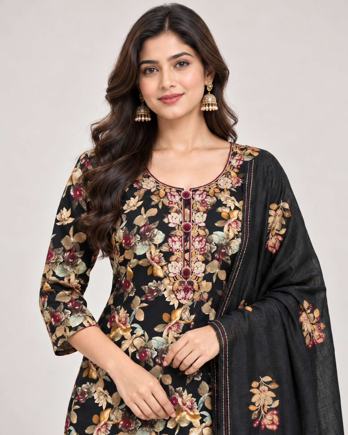 Black Floral Cotton Blend Unstitched Suit Set for Women