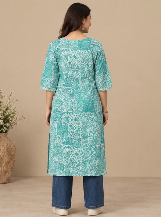 Sky Blue Printed Silk Kurta for Women