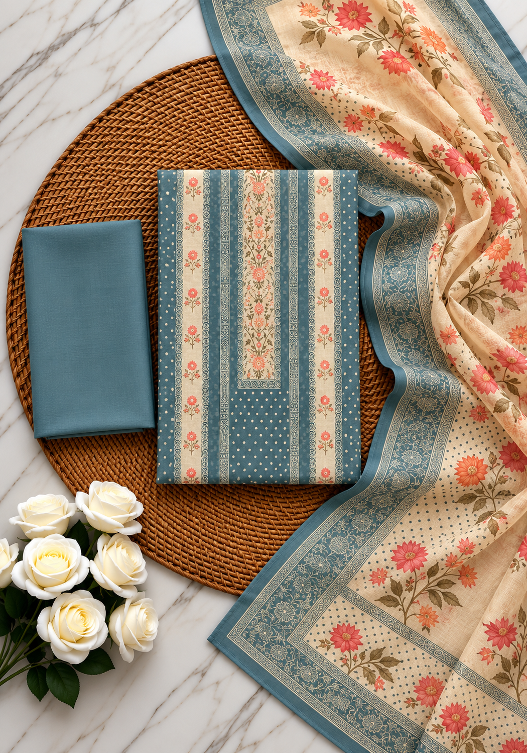 Jet Grey Chanderi Silk Unstitched Dress Material with Floral Printed Dupatta