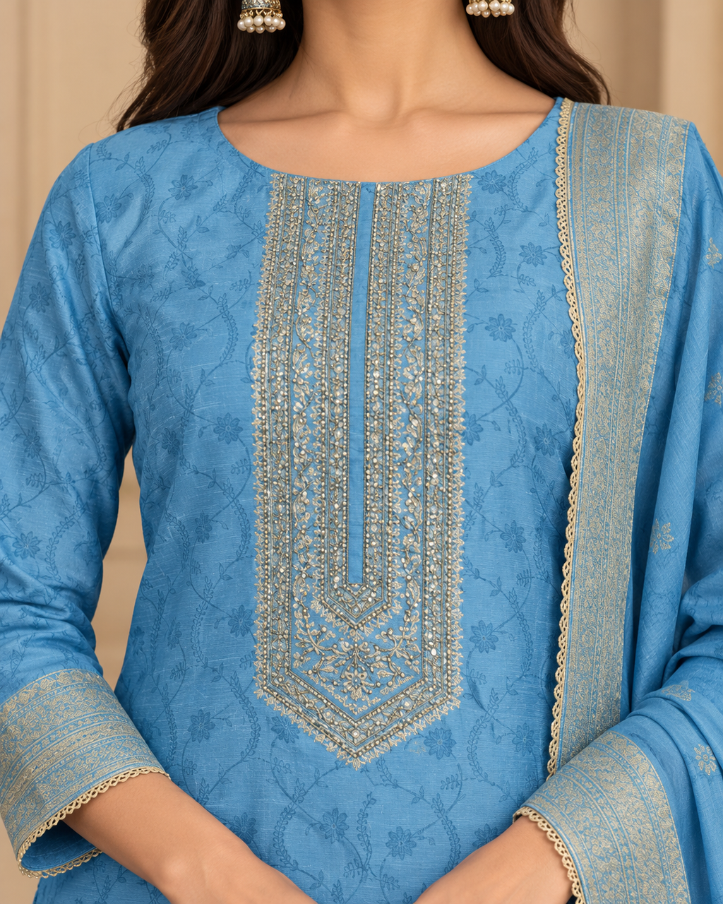 Slate Blue Silk Blend Unstitched Dress Material with Gold Motif Detailing