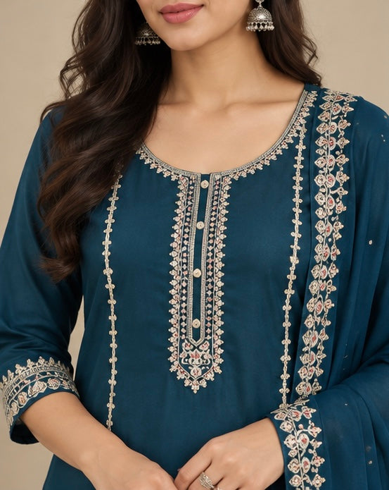 Embroidered Silk Blend Salwar Suit Set for Women