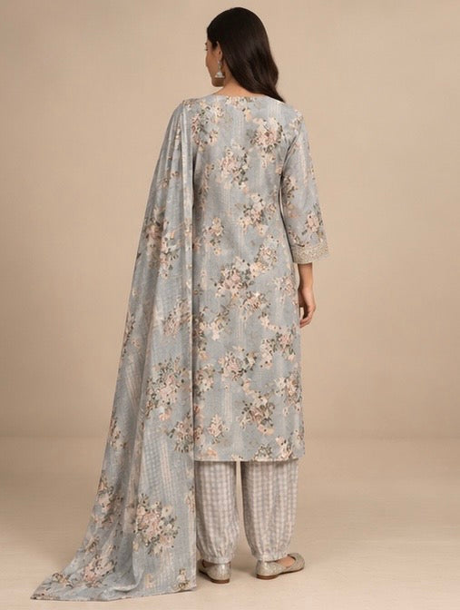 Grey Floral Cotton Suit Set for Women