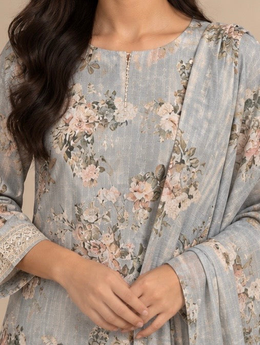 Grey Floral Cotton Suit Set for Women