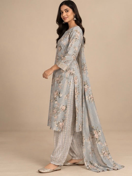 Grey Floral Cotton Suit Set for Women