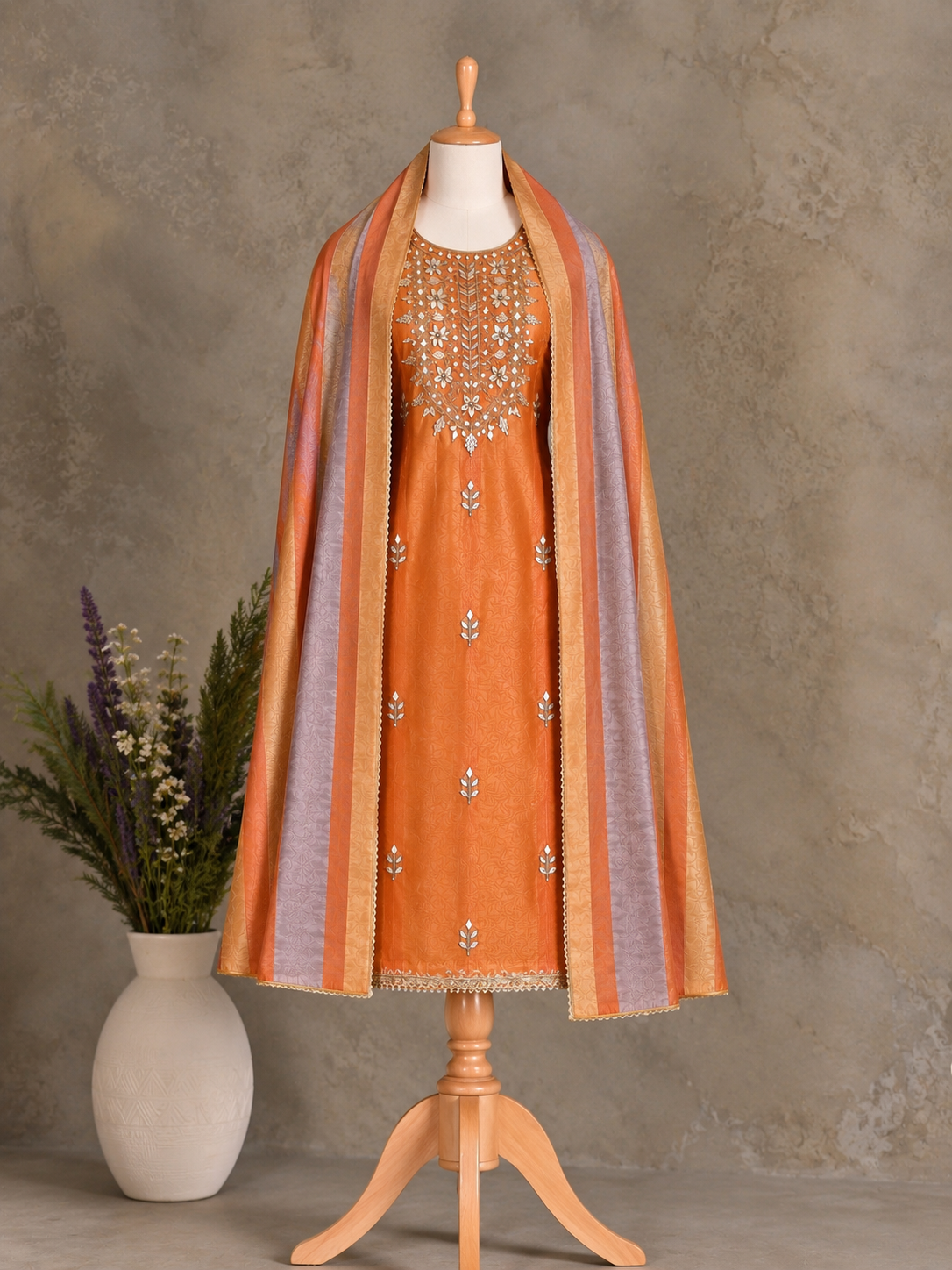 Orange Tissue Silk Embroidered Unstitched Suit Set