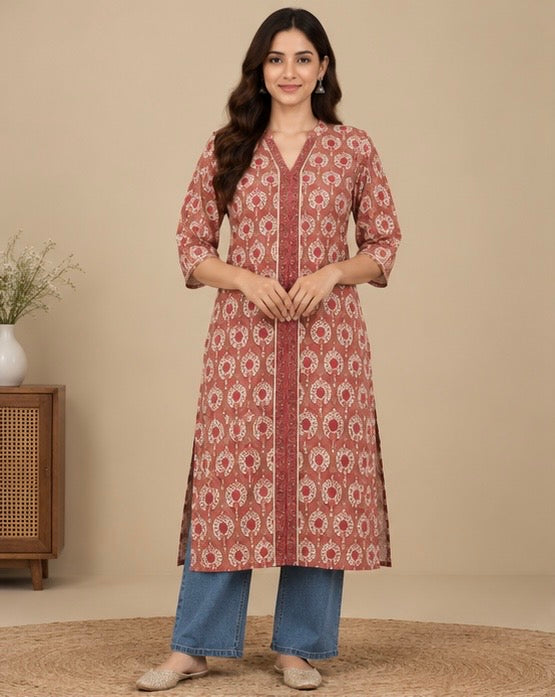 Rust Printed Cotton Kurta for Women