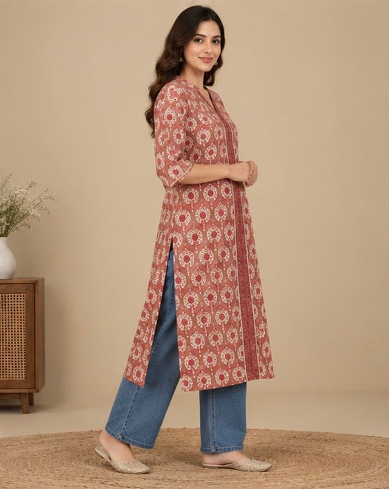 Rust Printed Cotton Kurta for Women