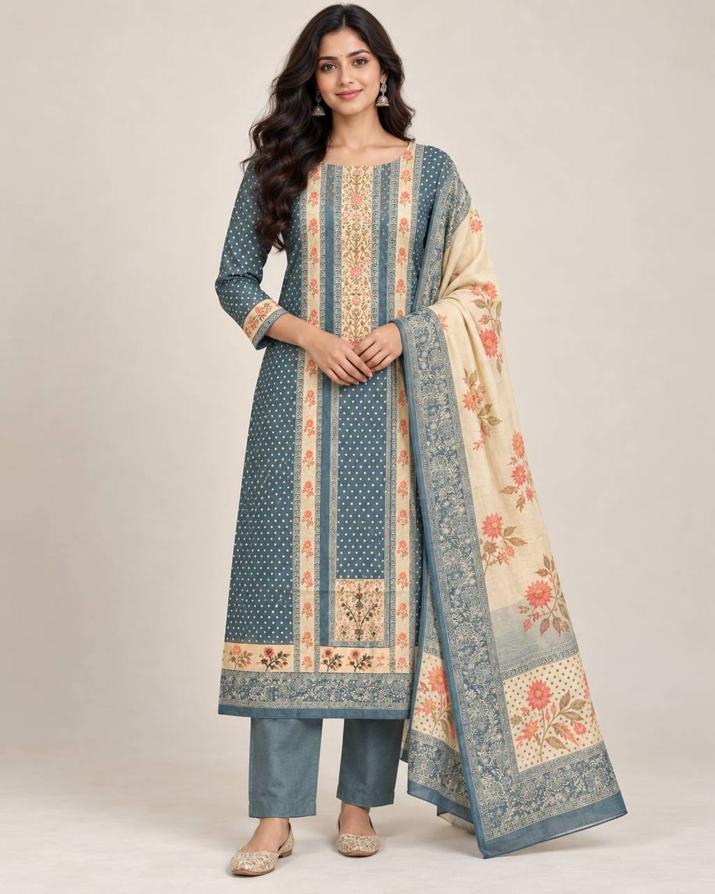 Jet Grey Chanderi Silk Unstitched Dress Material with Floral Printed Dupatta