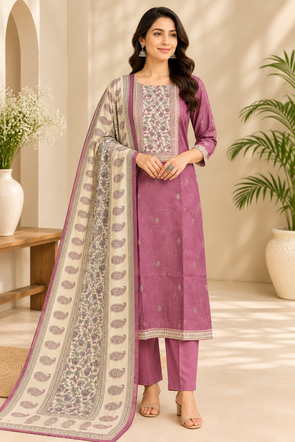 Dusty Plum Chanderi Silk Printed Suit Set with Dupatta