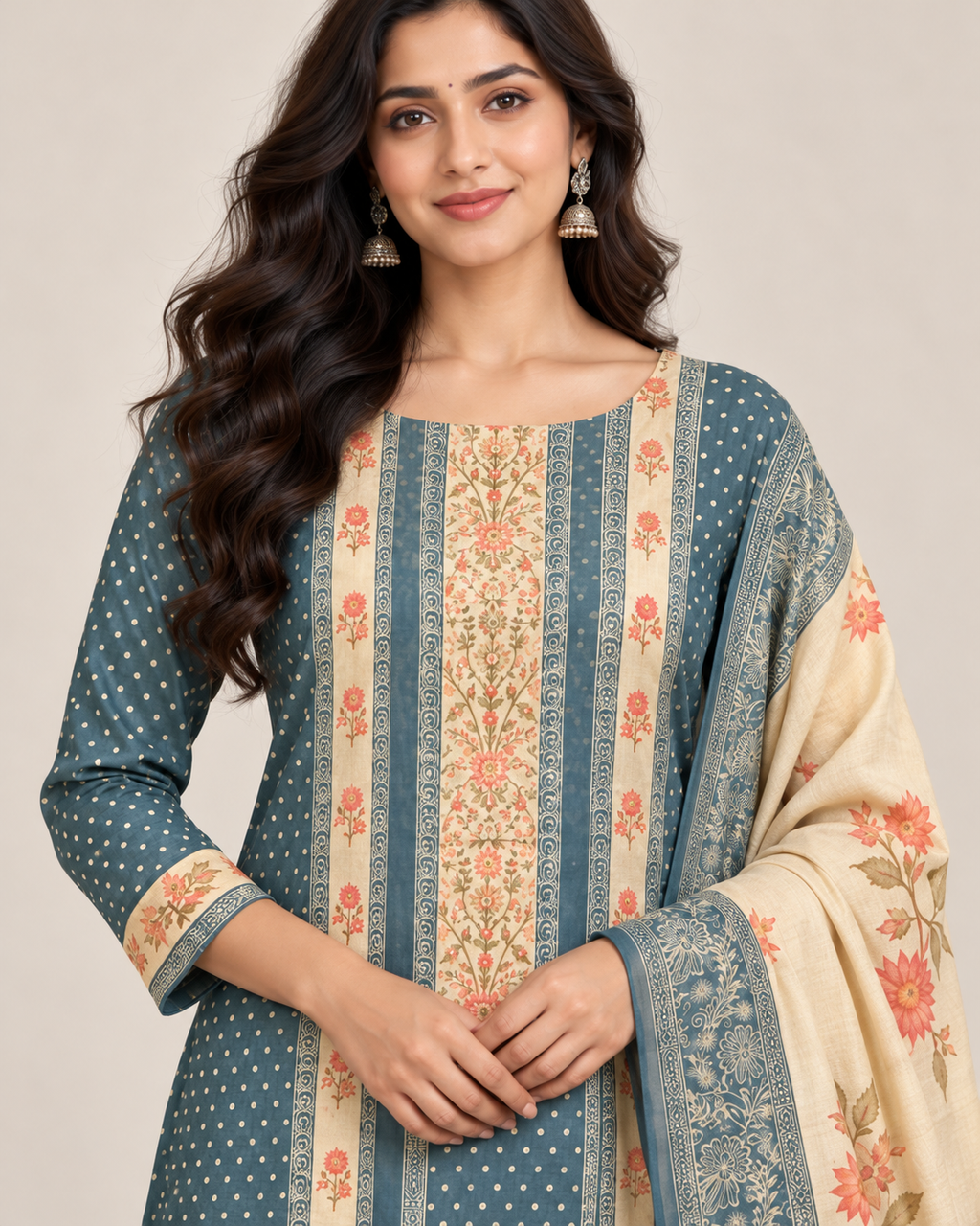 Jet Grey Chanderi Silk Unstitched Dress Material with Floral Printed Dupatta