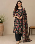 Black Floral Printed Silk Blend SKD Set
