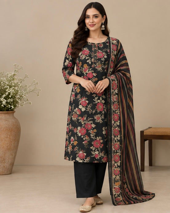 Black Floral Printed Silk Blend SKD Set
