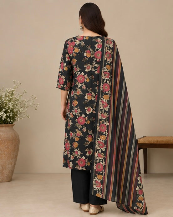 Black Floral Printed Silk Blend SKD Set