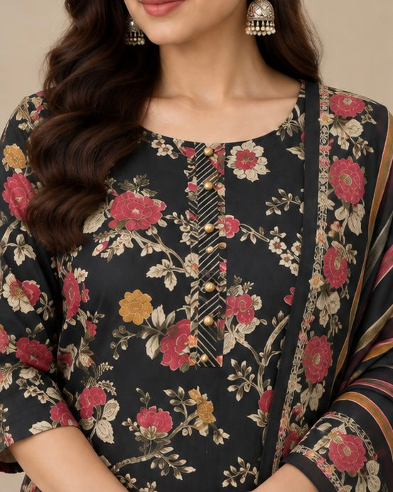 Black Floral Printed Silk Blend SKD Set