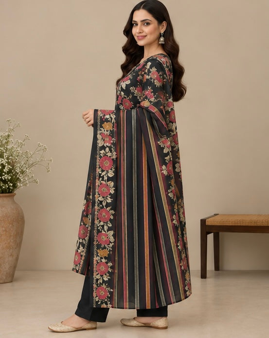 Black Floral Printed Silk Blend SKD Set