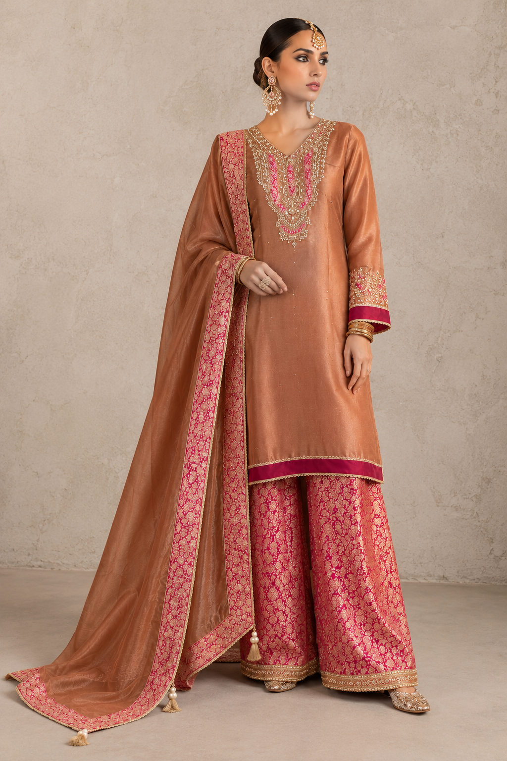 Copper Gold Tissue Silk Unstitched Suit Material with Pink Brocade Dupatta