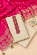 Beige Tissue Silk Unstitched Suit Set with Pink Dupatta