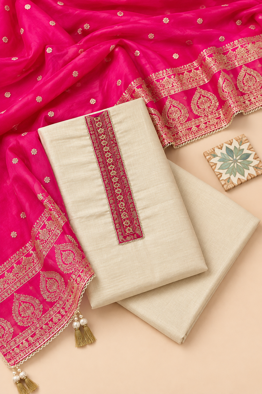 Beige Tissue Silk Unstitched Suit Set with Pink Dupatta