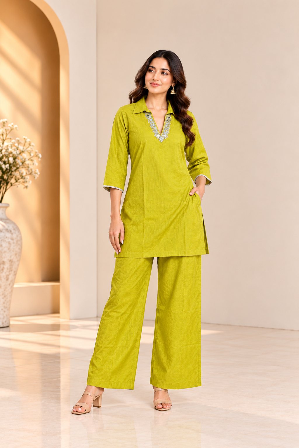 Yellow Silk Blend Embellished Co-Ord Set for Women